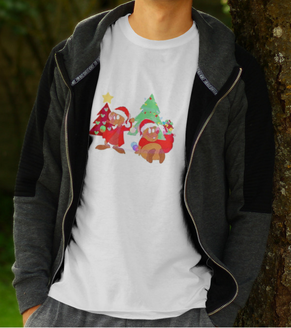 Santa Jaq And Gus With Christmas Lights And Presents By Christmas Tree T-Shirt