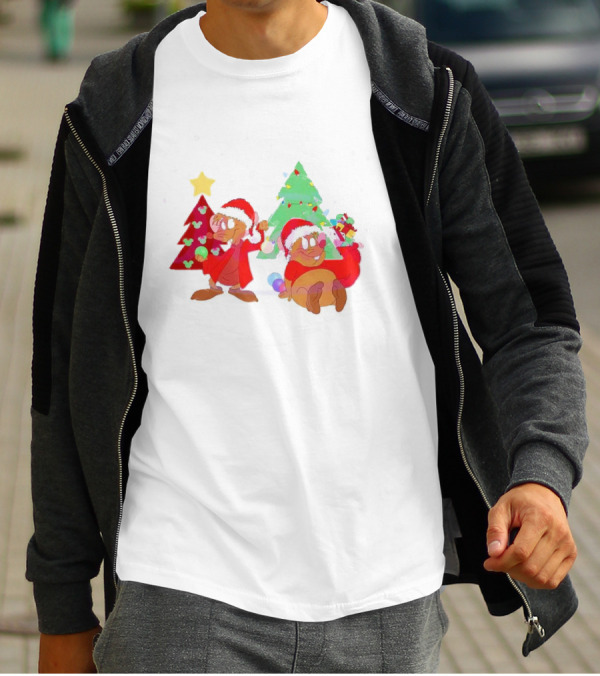Santa Jaq And Gus With Christmas Lights And Presents By Christmas Tree T-Shirt