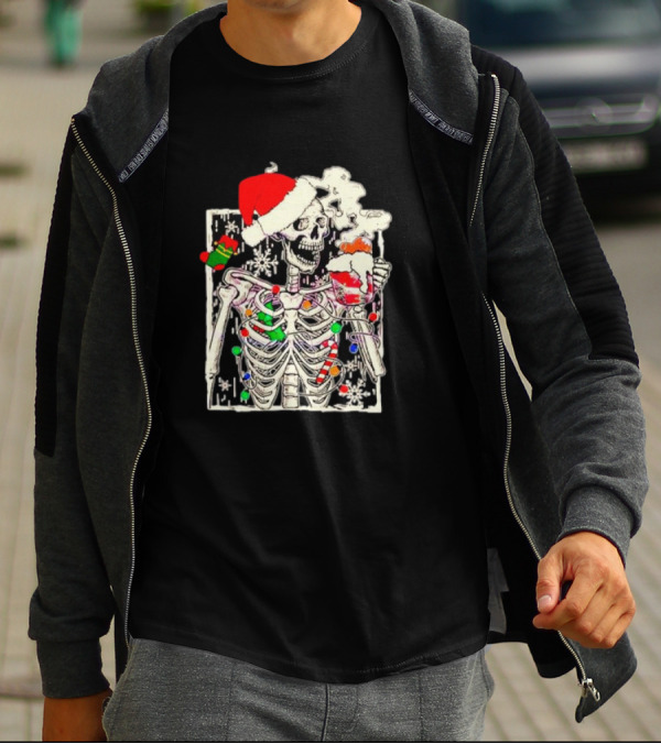 Skeleton Santa Hat Snowflake Christmas Coffee Candy Cane Holiday Scene T-Shirt
