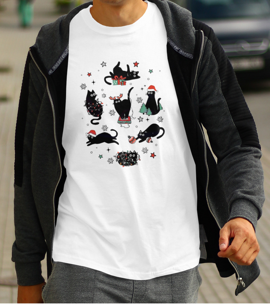 Christmas Black Cat Santa Hat Presents Lights Trees T-Shirt