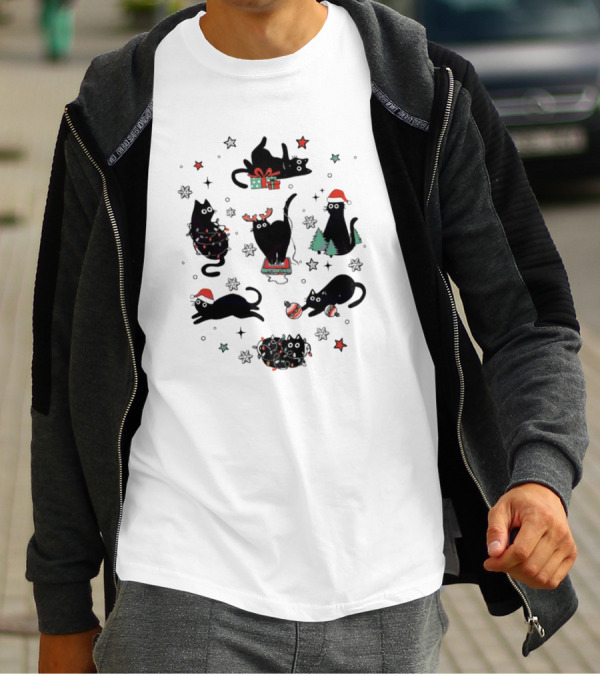 Christmas Black Cat Santa Hat Presents Lights Trees T-Shirt