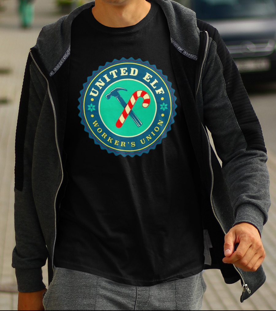 United Elf Worker's Union Candy Cane And Hammer Emblem T-Shirt