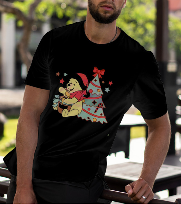 Winni The Pooh Bear Christmas Hunny Jar And Festive Tree T-Shirt