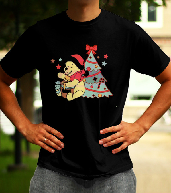 Winni The Pooh Bear Christmas Hunny Jar And Festive Tree T-Shirt
