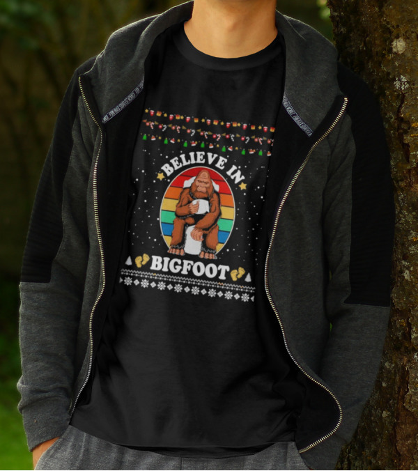Believe In Bigfoot With Toilet Humor And Christmas Icons T-Shirt