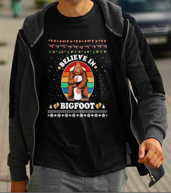 Believe In Bigfoot With Toilet Humor And Christmas Icons T-Shirt