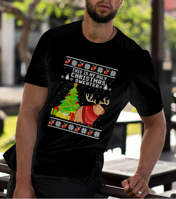 This Is My Ugly Christmas Sweater Capybara Reindeer T-Shirt