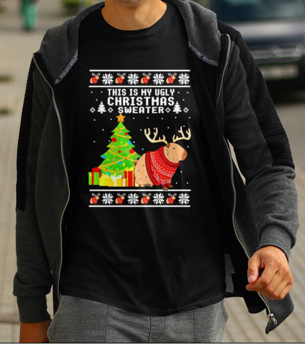 This Is My Ugly Christmas Sweater Capybara Reindeer T-Shirt
