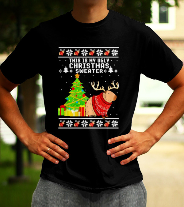 This Is My Ugly Christmas Sweater Capybara Reindeer T-Shirt