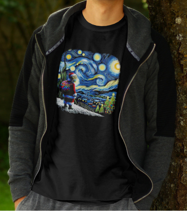 Cat Santa Paws Van Gogh Starry Night Christmas Holiday Scene T-Shirt