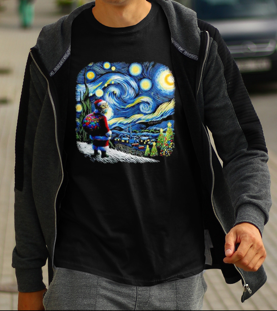 Cat Santa Paws Van Gogh Starry Night Christmas Holiday Scene T-Shirt