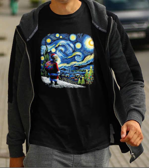 Cat Santa Paws Van Gogh Starry Night Christmas Holiday Scene T-Shirt