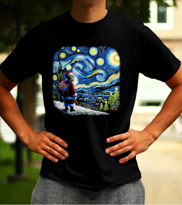 Cat Santa Paws Van Gogh Starry Night Christmas Holiday Scene T-Shirt