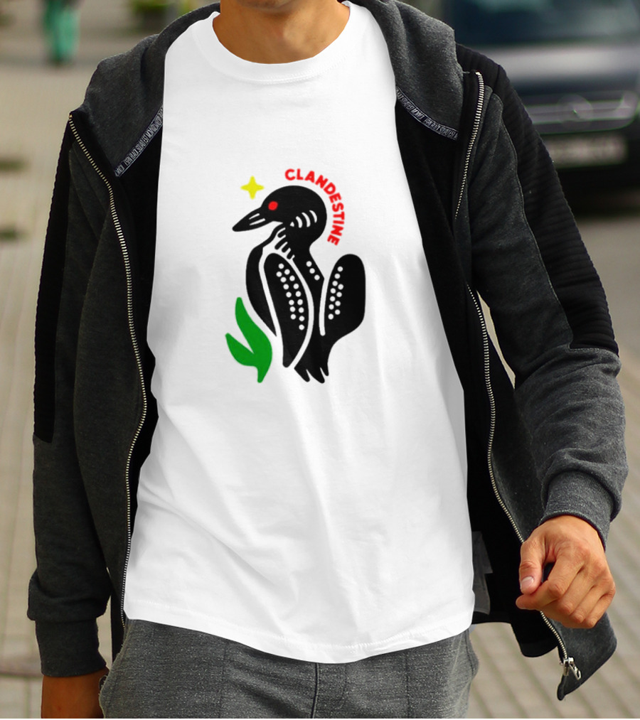 Clandestine Loon Bird With Star And Green Leaf Elements T-Shirt