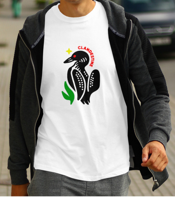 Clandestine Loon Bird With Star And Green Leaf Elements T-Shirt