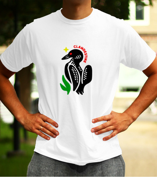 Clandestine Loon Bird With Star And Green Leaf Elements T-Shirt