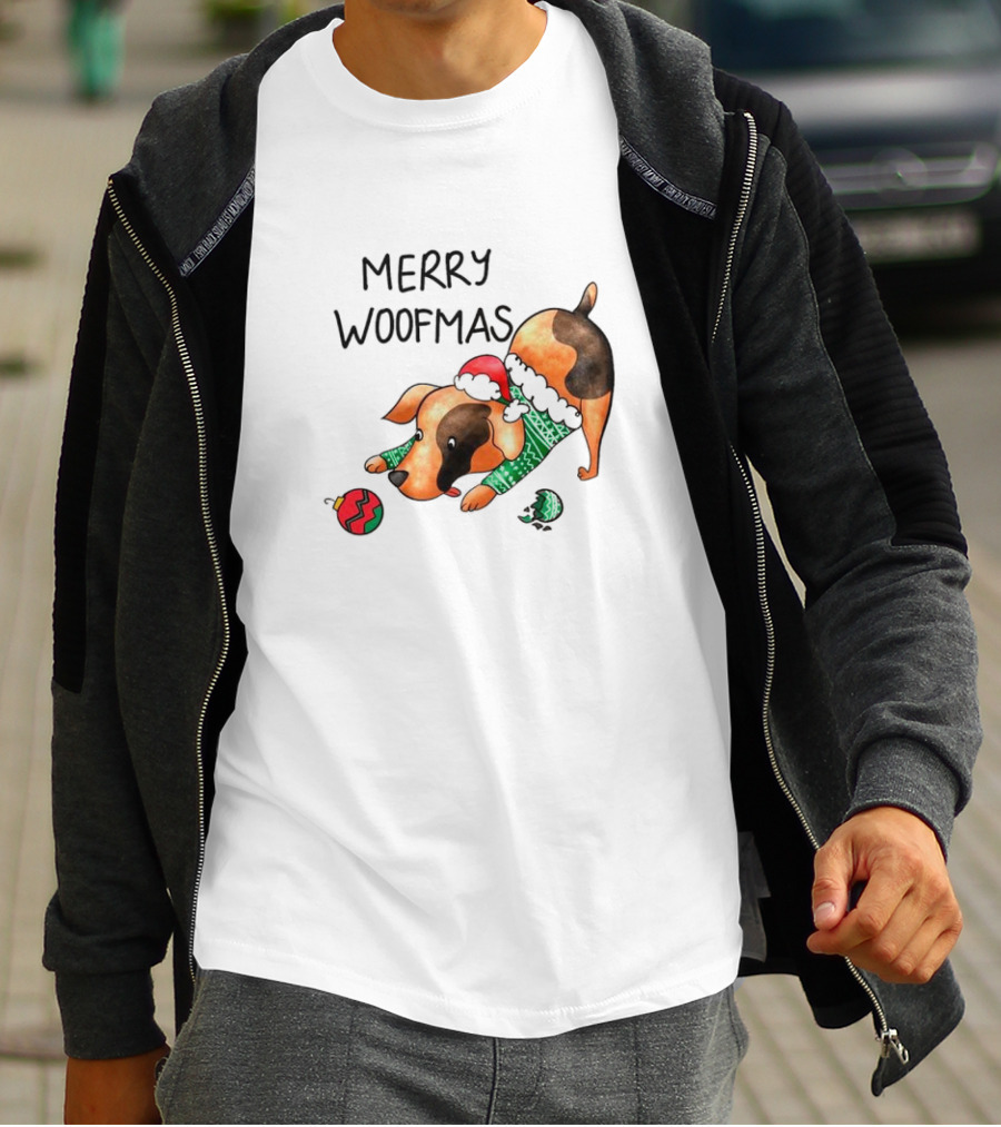 Merry Woofmas Dog In Santa Hat And Sweater With Christmas T-Shirt