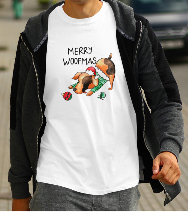 Merry Woofmas Dog In Santa Hat And Sweater With Christmas T-Shirt