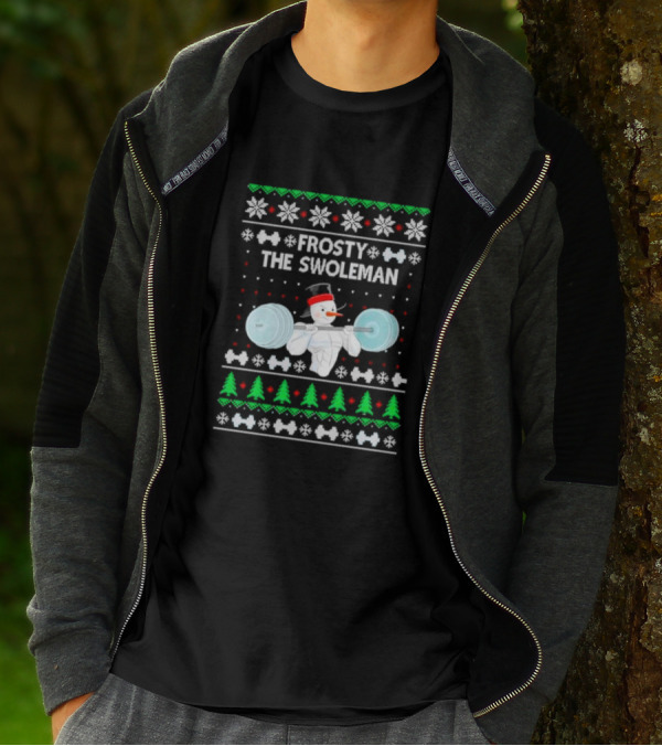 Frosty The Swoleman Snowman Lifting Weights Ugly Christmas T-Shirt