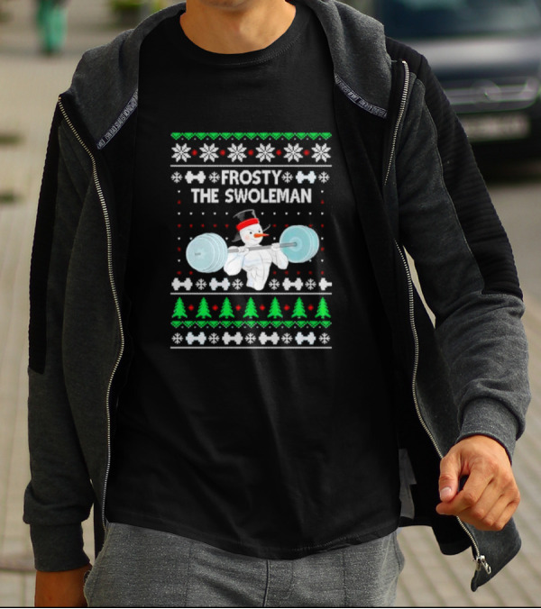 Frosty The Swoleman Snowman Lifting Weights Ugly Christmas T-Shirt