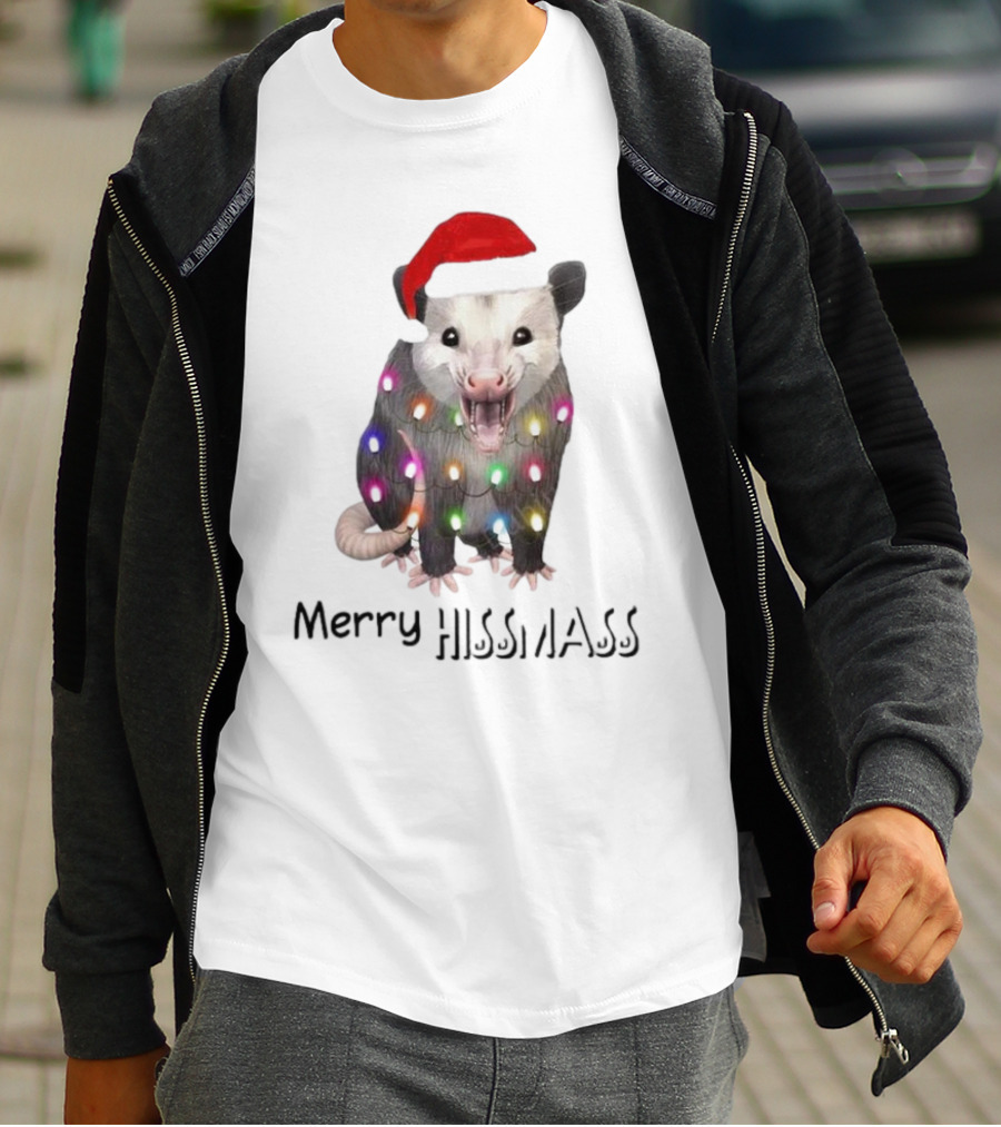 Merry Hissmas Opossum Santa Hat Christmas Lights T-Shirt