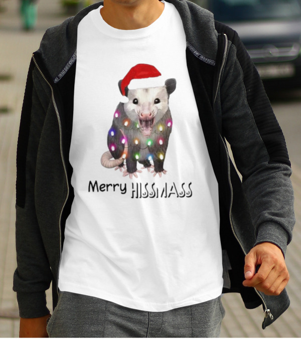 Merry Hissmas Opossum Santa Hat Christmas Lights T-Shirt