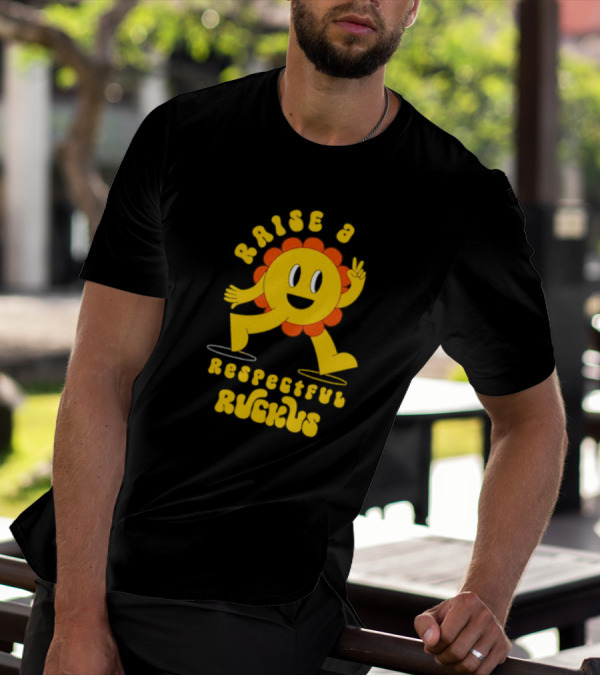 RAISE A RESPECTFUL RUCKUS CHARACTER WALKING WITH PEACE SIGN YELLOW AND ORANGE T-Shirt