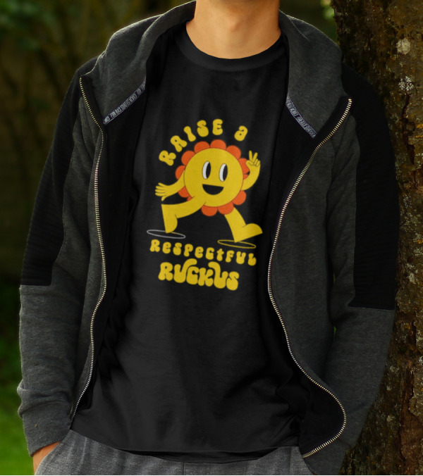 RAISE A RESPECTFUL RUCKUS CHARACTER WALKING WITH PEACE SIGN YELLOW AND ORANGE T-Shirt