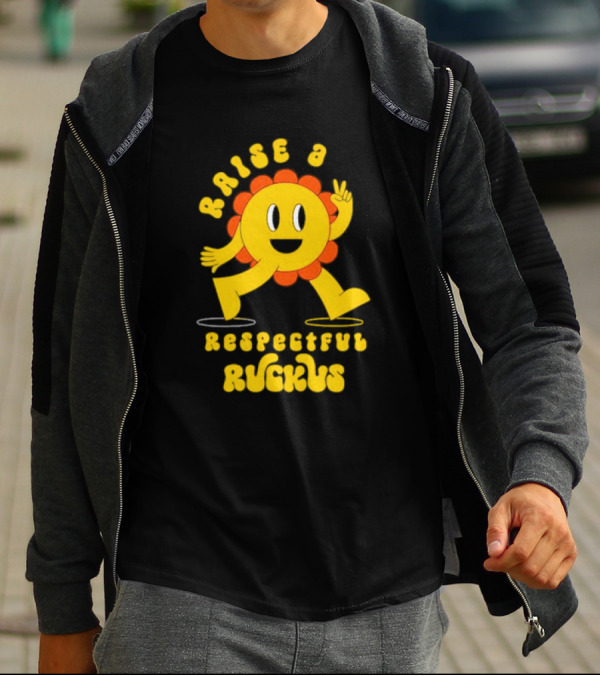 RAISE A RESPECTFUL RUCKUS CHARACTER WALKING WITH PEACE SIGN YELLOW AND ORANGE T-Shirt