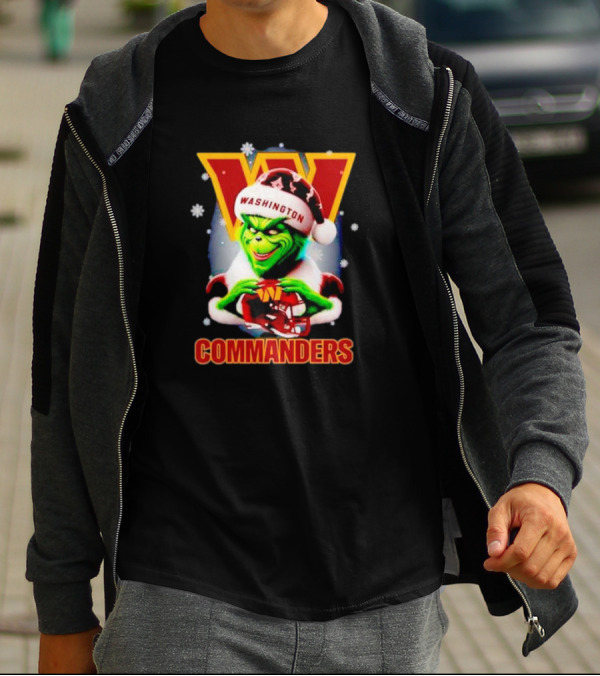 The Grinch Wearing Santa Hat Holding Gift For Washington Commanders Christmas T-Shirt
