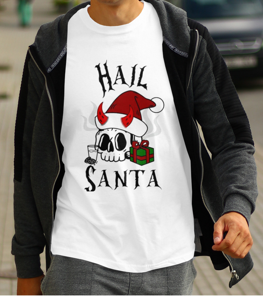 Hail Santa Skull With Devilish Santa Hat And Christmas Present T-Shirt