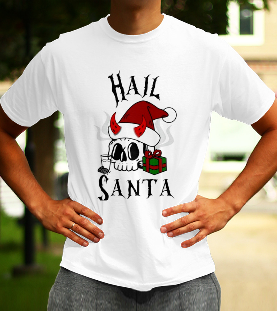 Hail Santa Skull With Devilish Santa Hat And Christmas Present T-Shirt