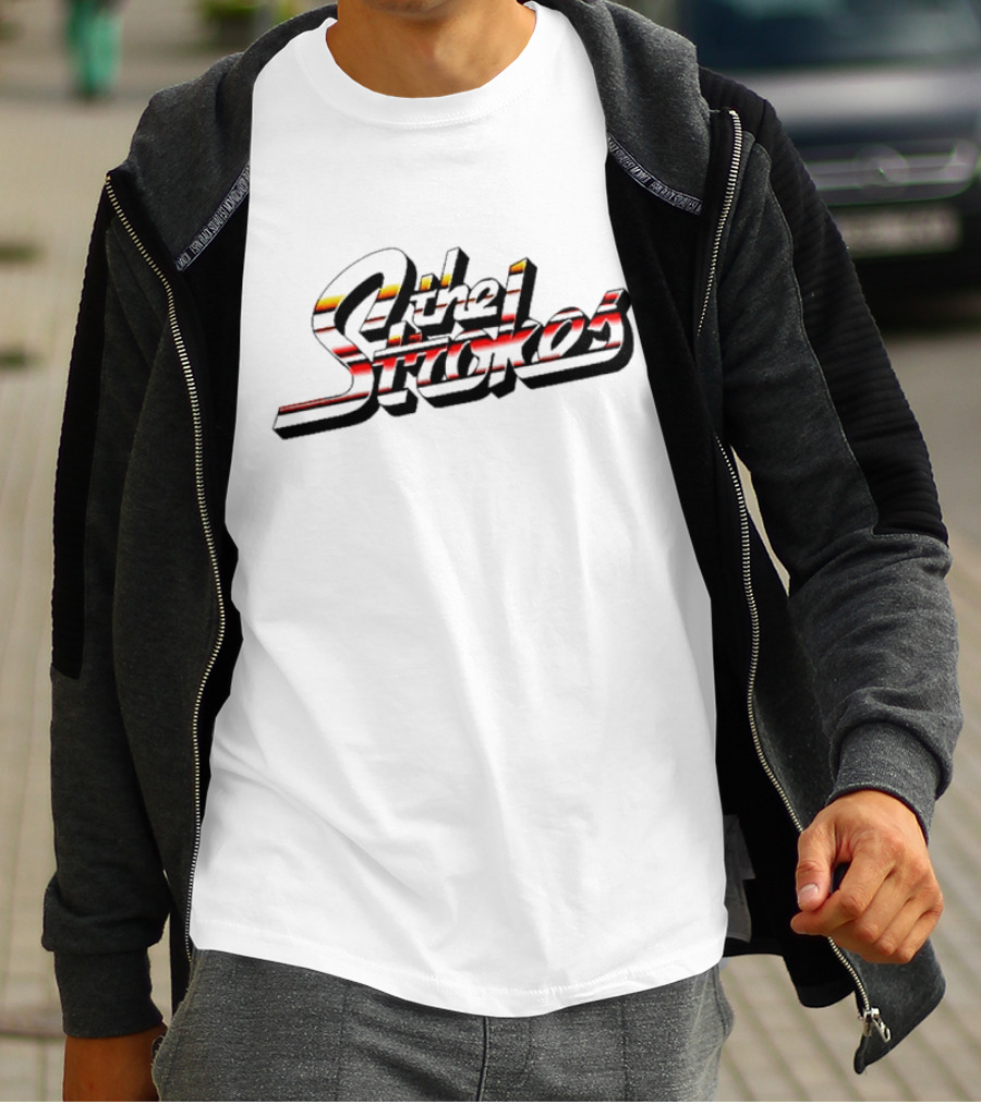 The Strokes Striped Text With Red And Yellow Accents T-Shirt