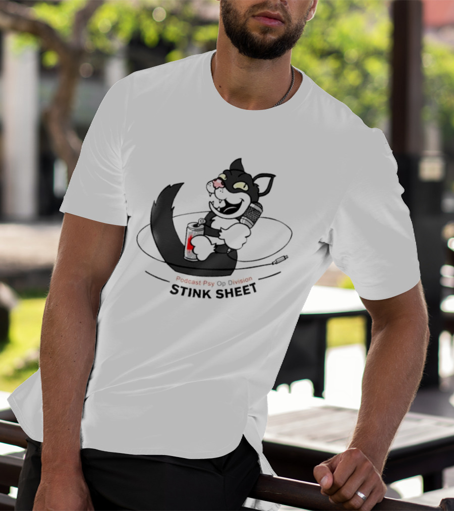 Podcast Psy Op Division Stink Sheet Mischievous Cartoon Cat With Microphone And Spray Can T-Shirt