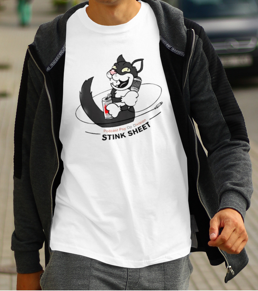 Podcast Psy Op Division Stink Sheet Mischievous Cartoon Cat With Microphone And Spray Can T-Shirt