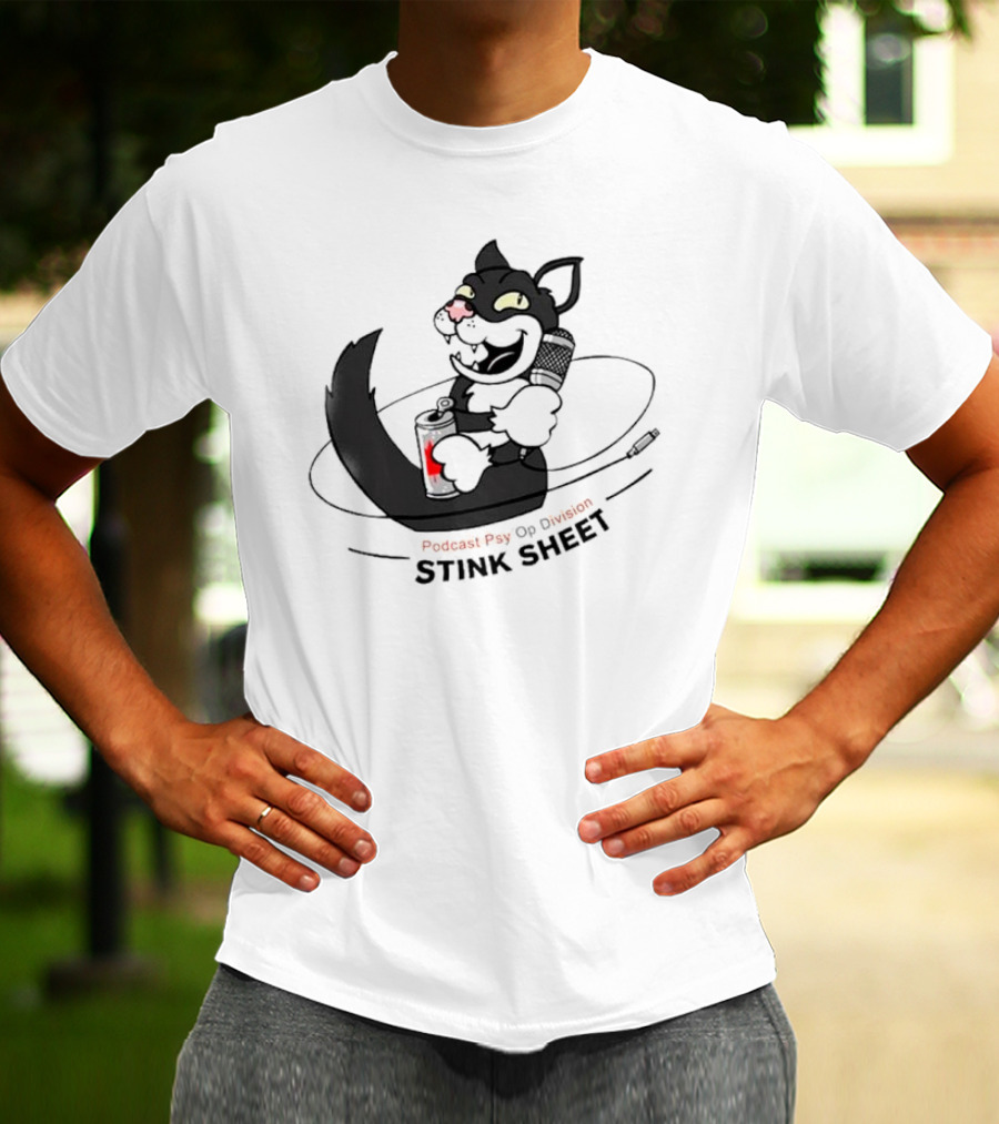 Podcast Psy Op Division Stink Sheet Mischievous Cartoon Cat With Microphone And Spray Can T-Shirt