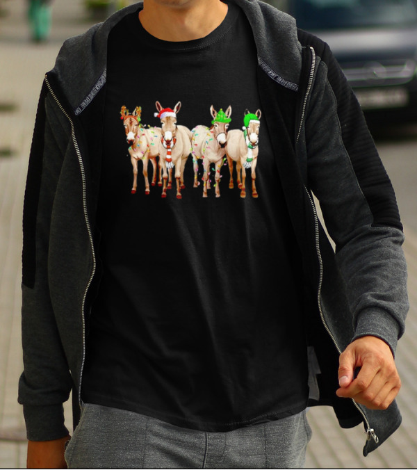 Merry Christmas Donkey Festive Holiday Lights With Reindeer Antlers And Santa Hats T-Shirt