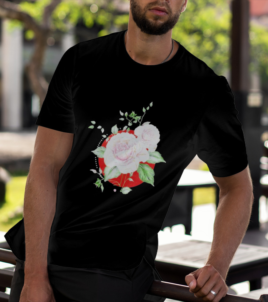 5Yr Kintsugi Rose Floral Design On Red Circle Background T-Shirt
