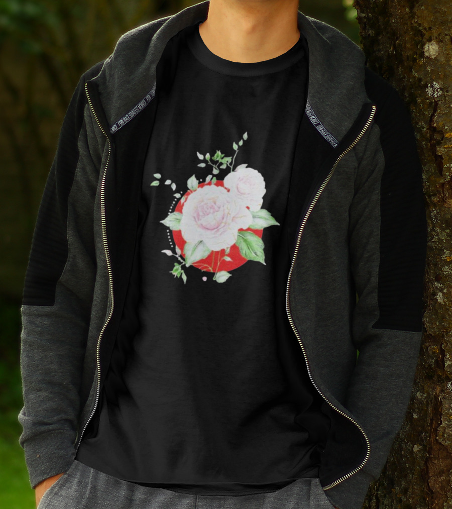 5Yr Kintsugi Rose Floral Design On Red Circle Background T-Shirt