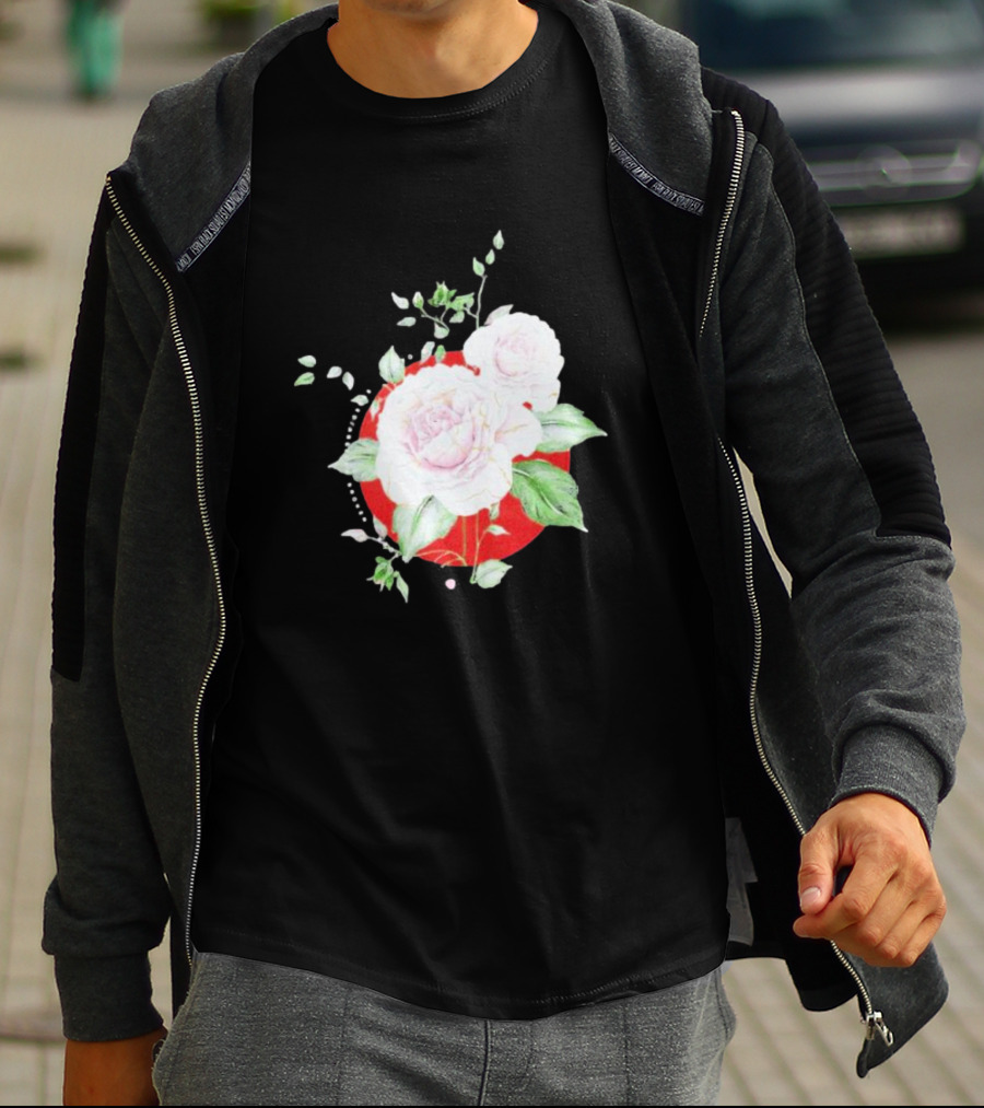 5Yr Kintsugi Rose Floral Design On Red Circle Background T-Shirt
