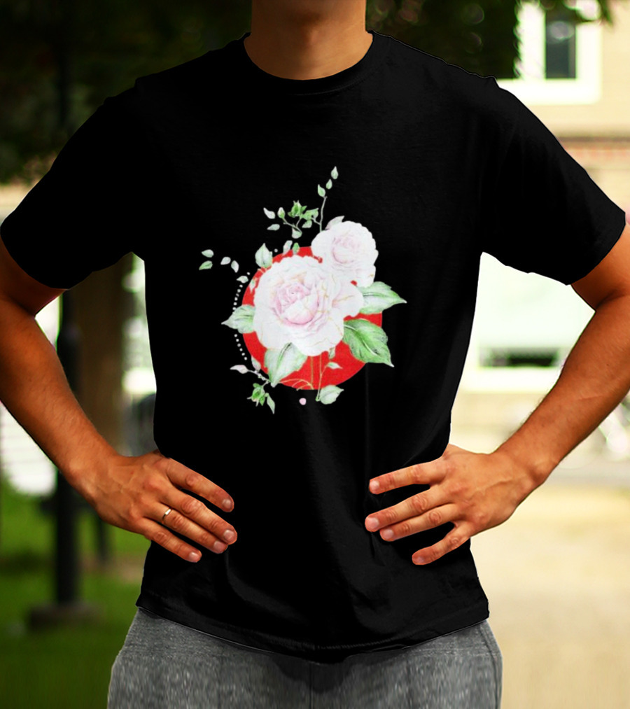5Yr Kintsugi Rose Floral Design On Red Circle Background T-Shirt