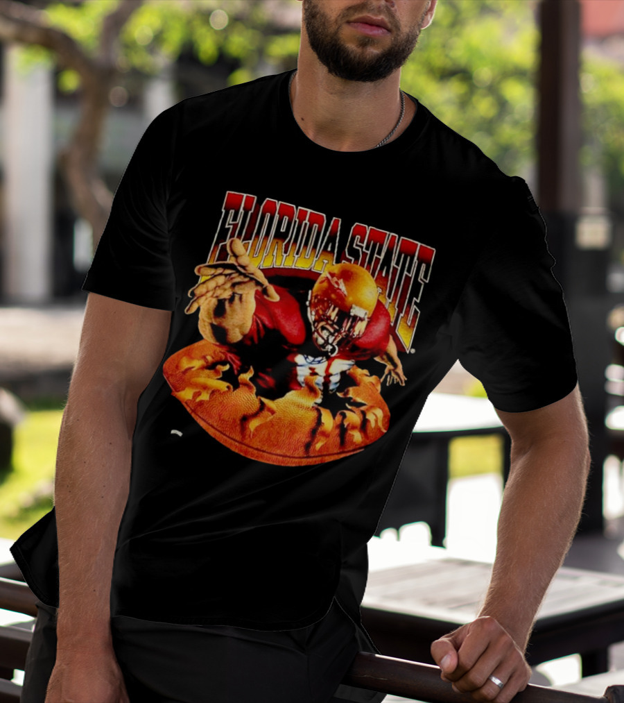Florida State Seminoles FSU Football Player Emerging From Flames Two Sided Nutmeg T-Shirt