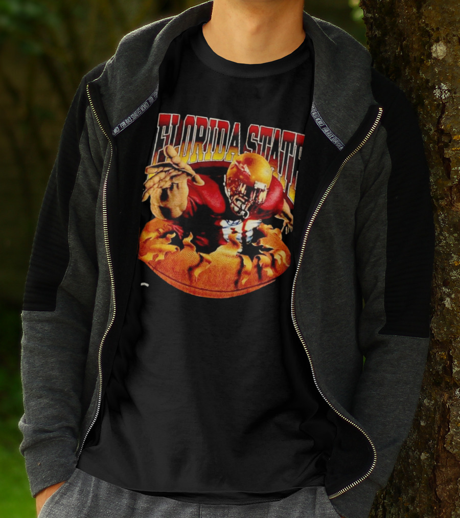 Florida State Seminoles FSU Football Player Emerging From Flames Two Sided Nutmeg T-Shirt