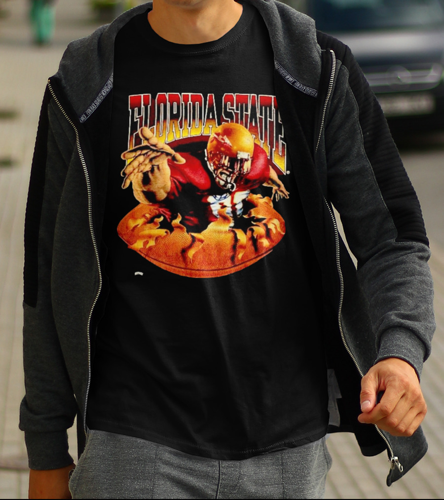 Florida State Seminoles FSU Football Player Emerging From Flames Two Sided Nutmeg T-Shirt