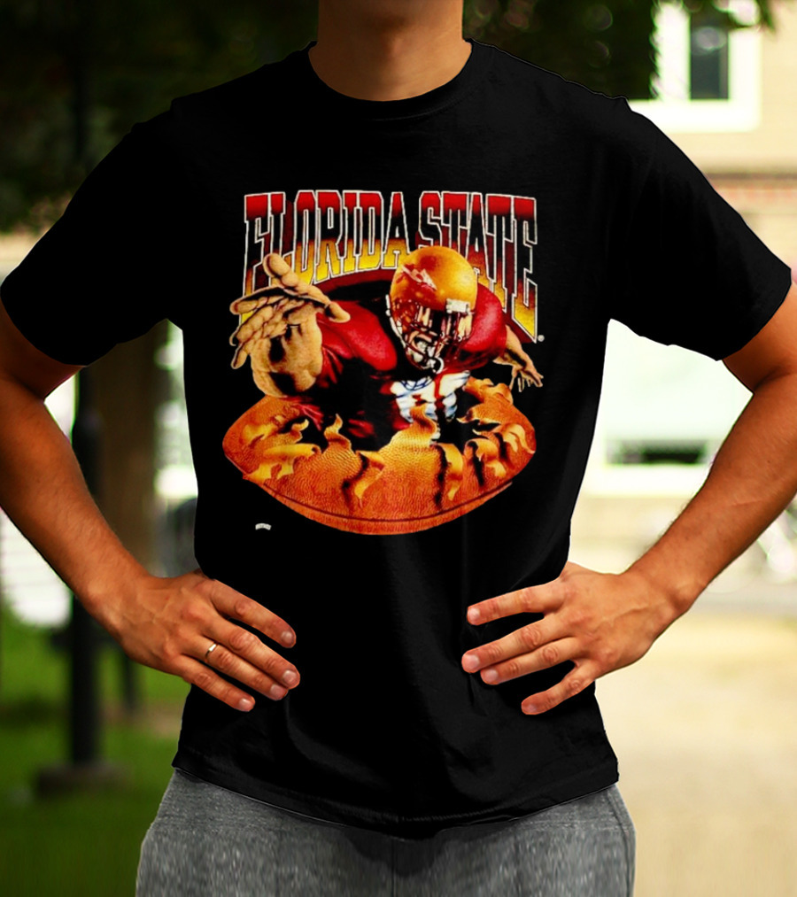 Florida State Seminoles FSU Football Player Emerging From Flames Two Sided Nutmeg T-Shirt