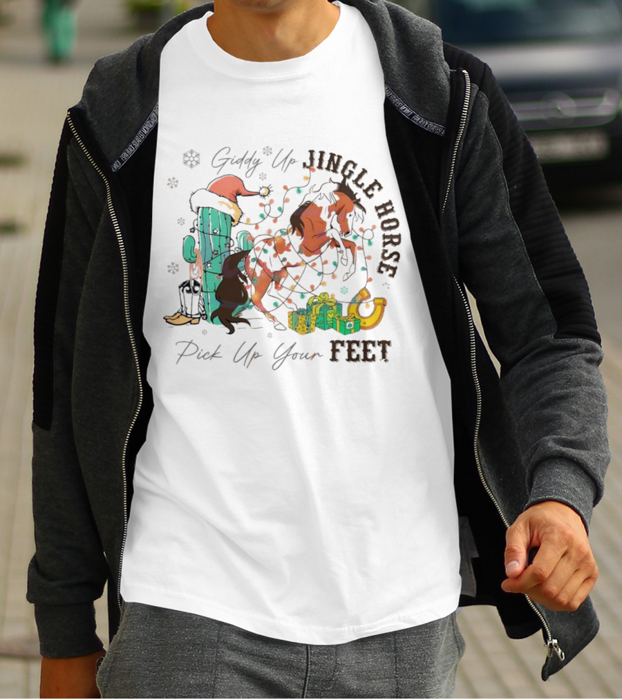 Giddy Up Jingle Horse Pick Up Your Feet Cactus With Santa Hat And Gifts T-Shirt