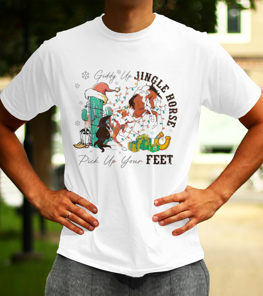 Giddy Up Jingle Horse Pick Up Your Feet Cactus With Santa Hat And Gifts T-Shirt