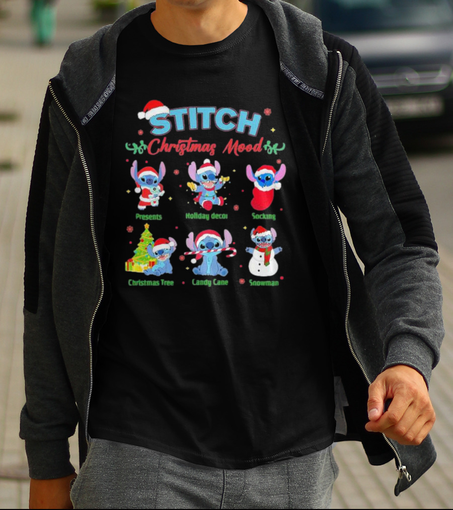 STITCH Christmas Mood Presents Holiday Decor Stocking Christmas Tree Candy Cane Snowman T-Shirt