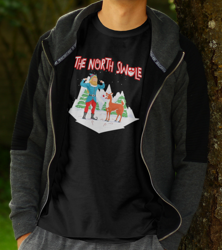 Papa Swolio Elf With Reindeer In The North Swole Winter Scene T-Shirt