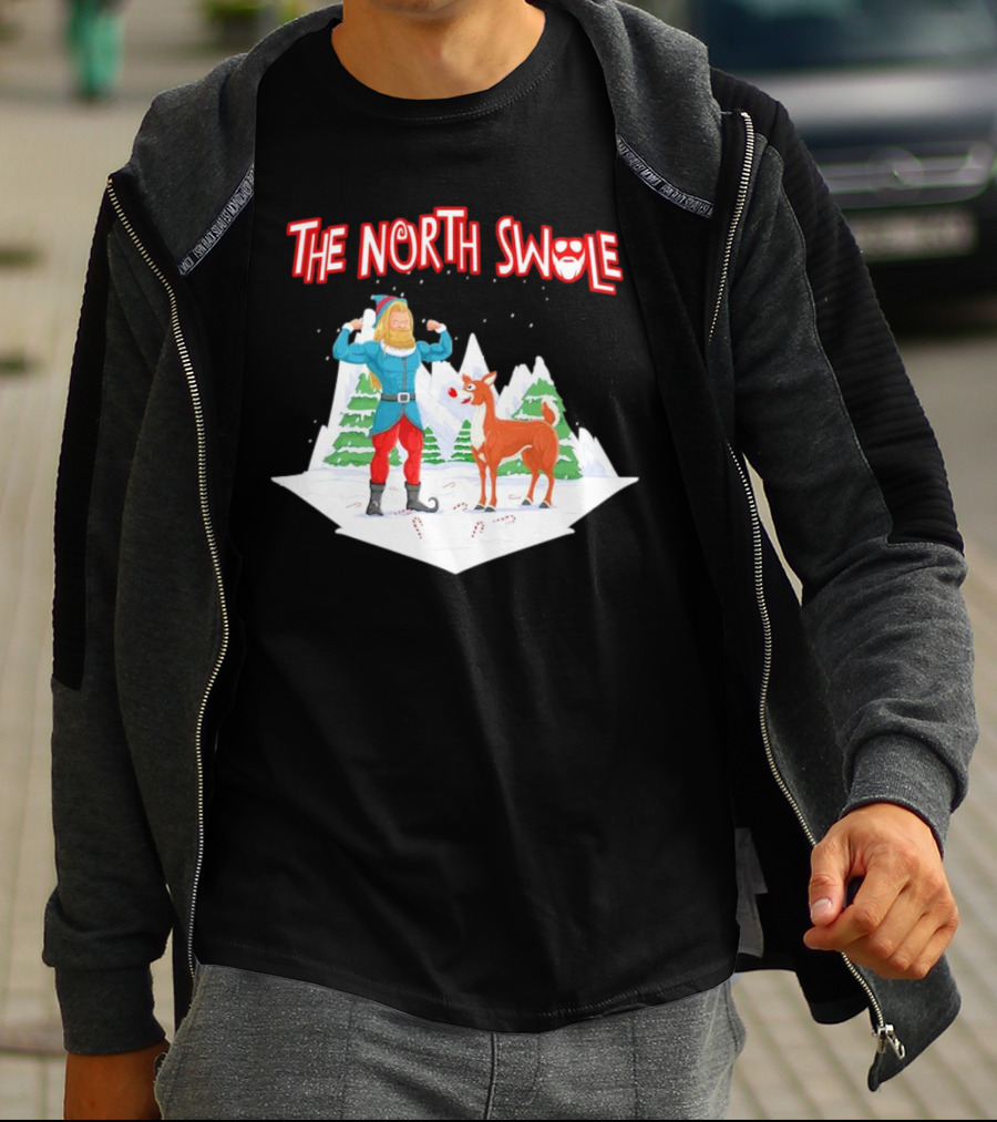 Papa Swolio Elf With Reindeer In The North Swole Winter Scene T-Shirt
